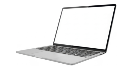 A modern silver laptop with a blank white screen, isolated on a white background.