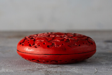 Urushi Shunikuire Chinese Cinnabar Lacquer Inkpad Box Peony Arabesque