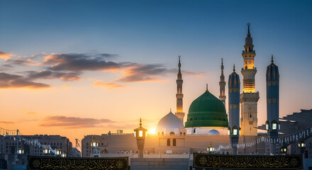 Fototapeta premium Milad un Nabi Maulid or Mawlid al Nabi islamic background banner with Madina mosque green dome view