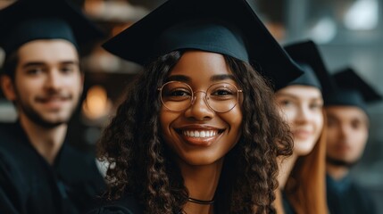 Fototapeta premium A joyful graduate wearing glasses and a cap smiles brightly, surrounded by fellow graduates in a celebratory atmosphere.