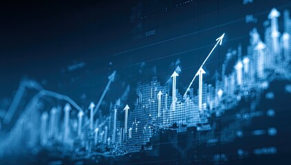 Close-up of digital financial chart showing upward trend.  Multiple lines and indicators display rising growth, with prominent upward arrows.  Dark background emphasizes the highlighted growth