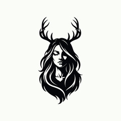 An elegant illustration of a beautiful woman with deer antlers, flowing hair, and closed eyes, symbolizing the spirit of nature and the forest.