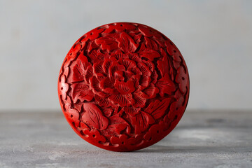 Urushi Shunikuire Chinese Cinnabar Lacquer Inkpad Box Peony Arabesque