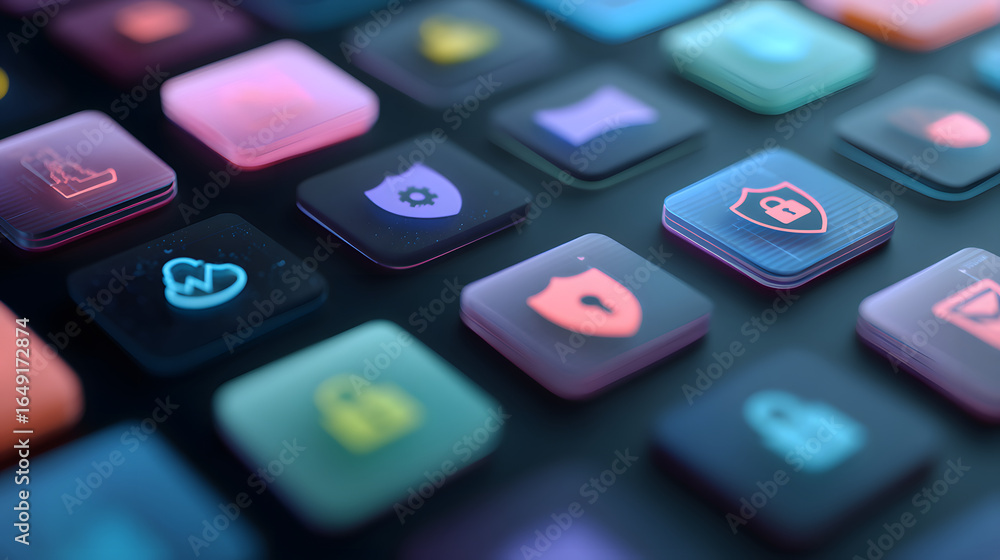 Poster digital interface security: the scene showcases a close-up view of a digital interface. a mosaic of 