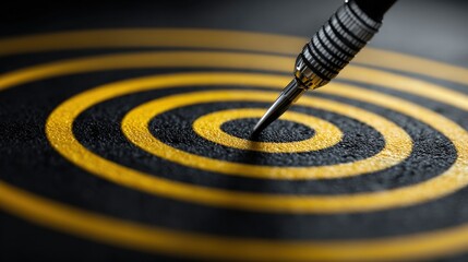 A close-up view of a dart striking the center of a colorful with concentric circles in vibrant yellow and blue hues.