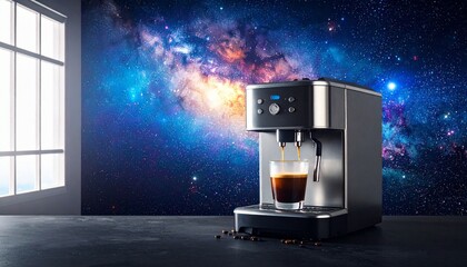 Espresso machine with cosmic window backdrop evokes creativity, energy, and futuristic coffee ritual