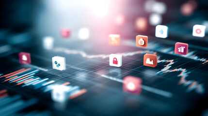Market Trends with Icons: Illustrating modern finance, digital icons overlay a dynamic graph, symbolizing data and analysis with depth and sophistication. 