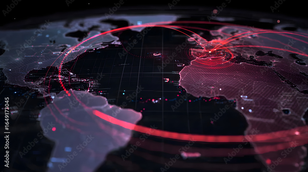 Aufkleber global connectivity: a digitally rendered world map showcases a web of interconnected pathways, emph