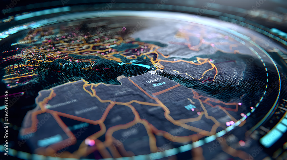 Aufkleber global network visualization: a cutting-edge, macro lens perspective of the world map interwoven wit