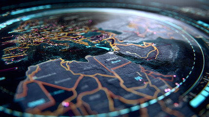 Global Network Visualization: A cutting-edge, macro lens perspective of the world map interwoven with glowing circuits, highlighting data pathways, creating an atmospheric futuristic environment.