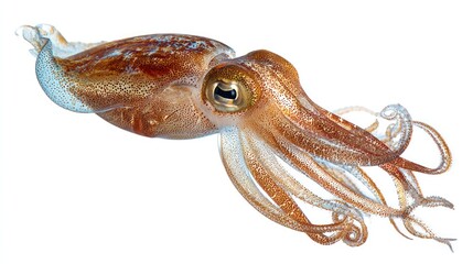 Naklejka premium Brown squid, pale underside, with frilled fins isolated on a white backdrop