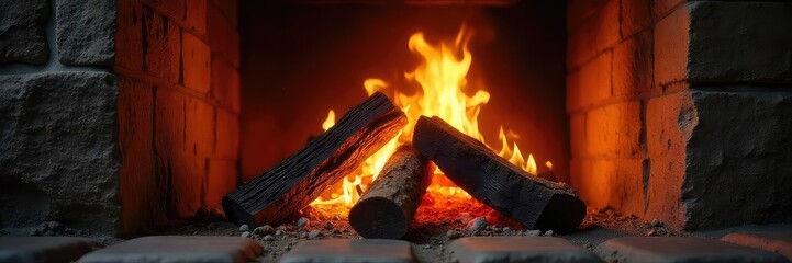 Crackling firewood flames dance in a cozy fireplace, casting warm, inviting light and shadows on the surrounding stone Perfect for autumn, winter, or hearth-themed projects , home, comfort