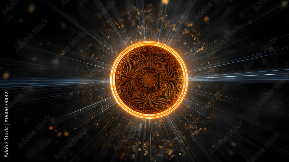 Poster golden core: an abstract design of a glowing golden core, radiating light in a mesmerizing display o