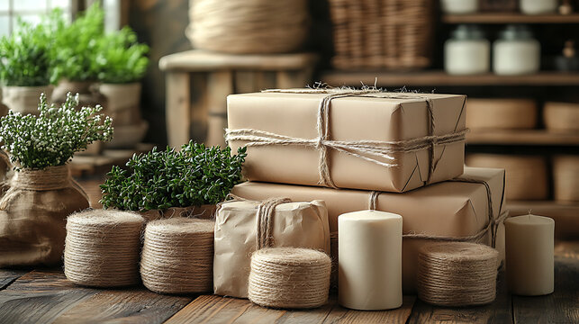 Eco-friendly packaging setup with paper boxes, jute twine, and biodegradable labels 