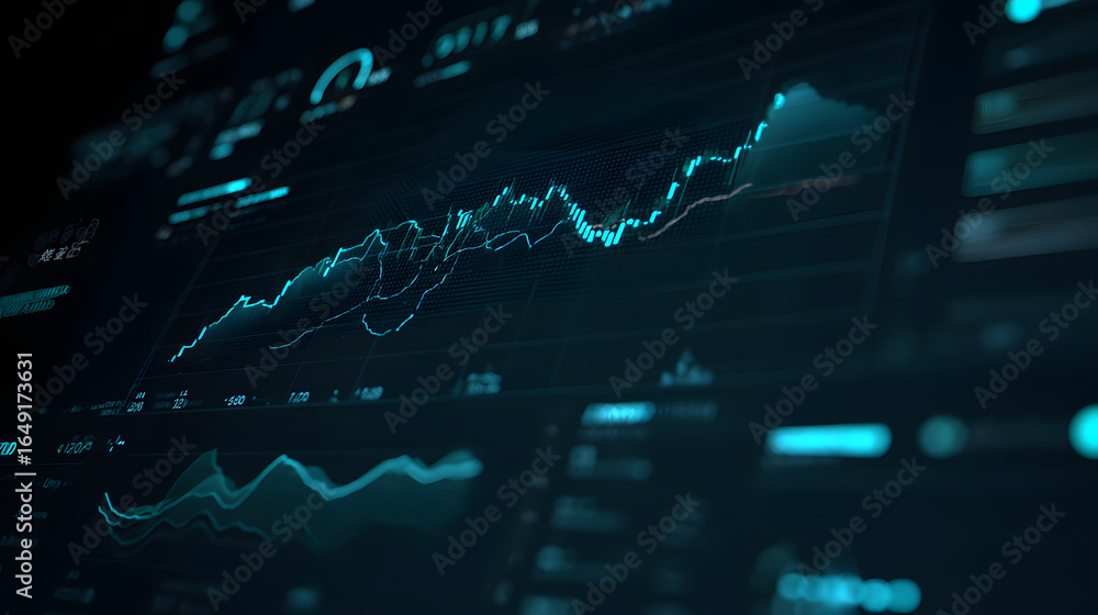 Poster financial visualization: a high-tech screen displays dynamic stock market graphs, with fluctuating l