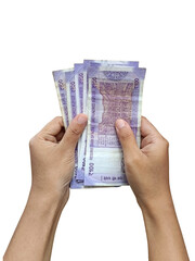 Hands holding multiple 100 rupee Indian bank notes PNG, counting, cashflow, payment, income, financial planning, wealth, savings.