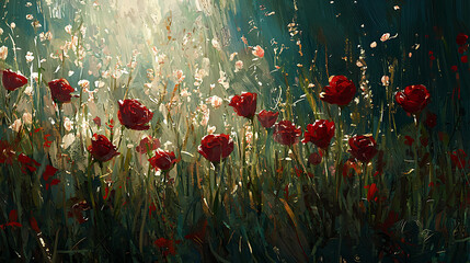 A painting of a field of red flowers with a blue sky in the background