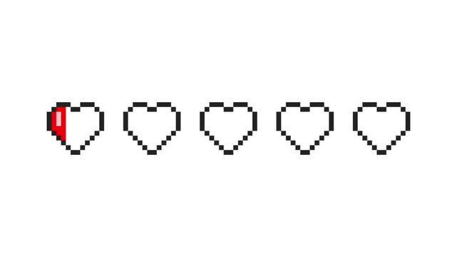 8-bit pixel art five hearts progress bar fills up. looped animation 4k 30fps