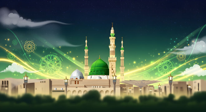 Milad un Nabi Maulid or Mawlid al Nabi islamic background banner with Madina city skyline design