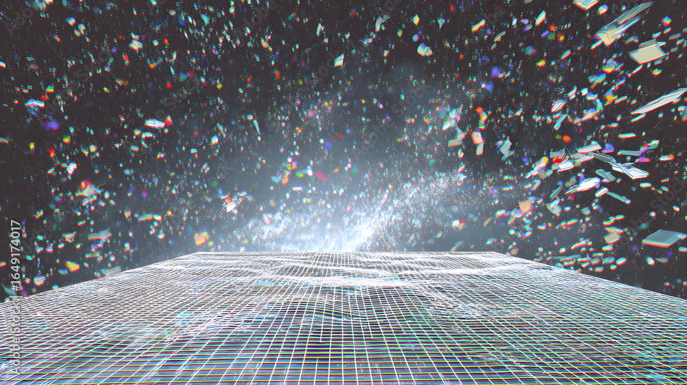 Poster abstract digital landscape: explore an abstract digital landscape with a grid-like surface, a burst 