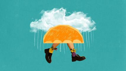 Contemporary collage. Legs in black shoes with flowers under orange umbrella in surreal rain scene....