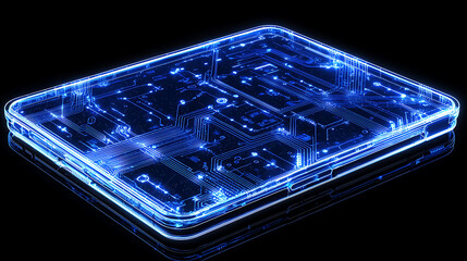 A blue computer chip with a black background