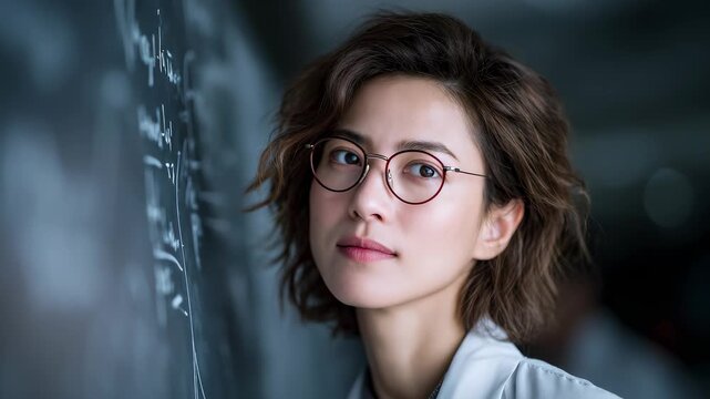 Female Researcher Stares at Formulas Rigorously Verifying