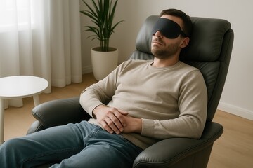 Man relaxing and sleeping on armchair wearing sleep mask