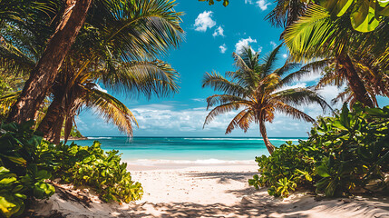 Obraz premium A beautiful beach with palm trees and a clear blue ocean