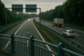 Highway traffic passing under bridge on cloudy day