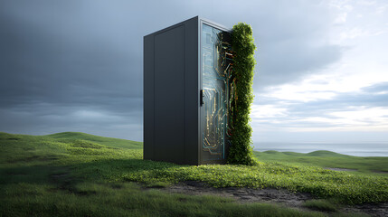Server Room in Nature: a server room door in a meadow represents the fusion of technology and nature. it is surrounded by rolling hills under a dramatic sky, with an implied message of sustainability.