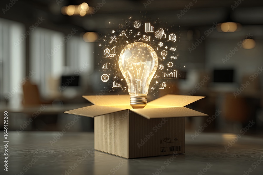 Poster creative idea generation concept with light bulb and icons emerging from open box in modern office s