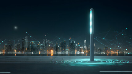 Smart City Technology: A futuristic cityscape at night, the illuminated street lamp stands as a beacon of innovation, casting a network of connected data points over the sleek asphalt.