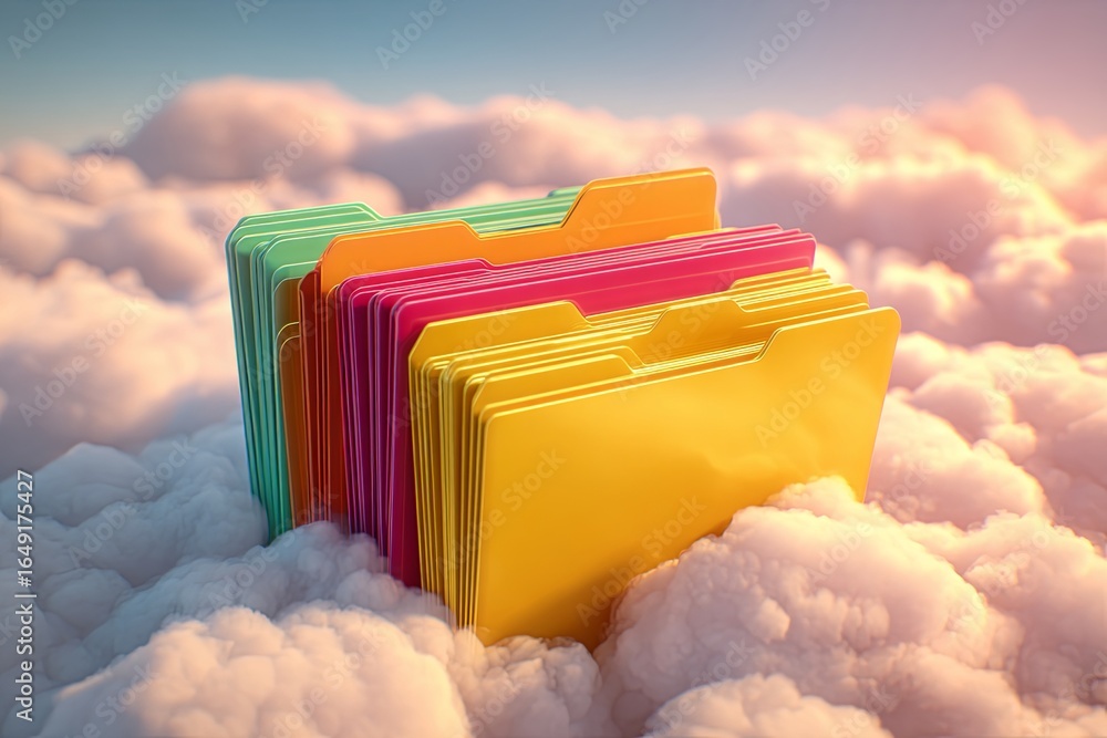 Poster colorful file folders floating above a cloud on a bright background representing digital storage and