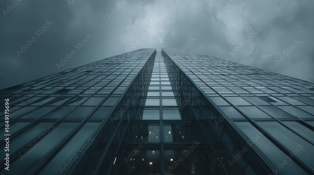 Poster an imposing perspective showcases the geometric precision of a towering structure, its metallic faca