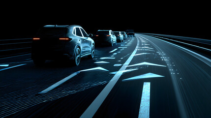 Fleet of Modern Vehicles on the Highway: A sleek line of vehicles cruises down a futuristic highway. The scene highlights innovation and technological advancements in the automotive realm.