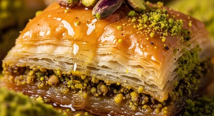 Close up shot of a piece of baklava drizzled with honey and topped with pistachios on a green surface