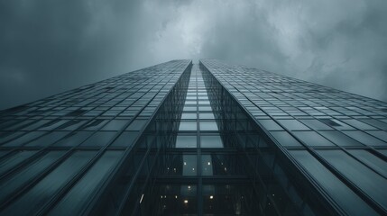 Fototapeta premium An imposing perspective showcases the geometric precision of a towering structure, its metallic facade reflecting the overcast sky, emphasizing the building's imposing height and architectural design.