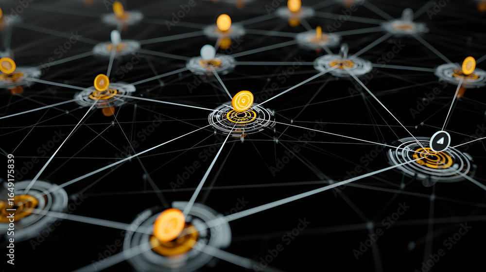 Aufkleber digital currency network: a futuristic and interconnected network of digital currency coins, showcas