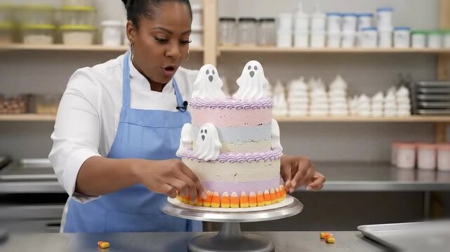 Cake decorator piping soft purple and green swirls on a chocolate cake and placing tiny edible bats on top