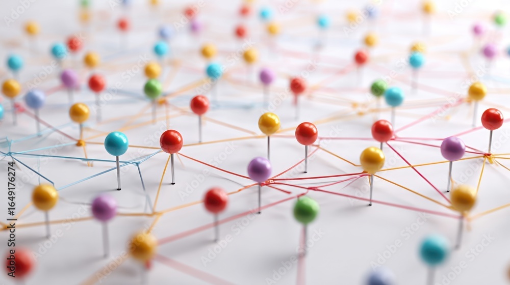 Poster a complex network of colorful push pins connected by threads, illustrating interconnectedness and re