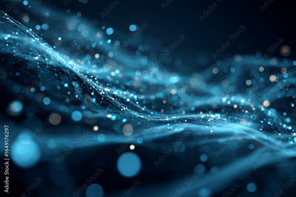 Poster abstract blue background with glowing particles and digital connections in a serene atmosphere of te