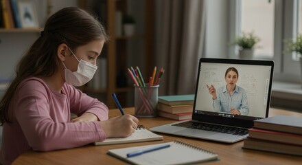 Young Girl Studying Online at Home During COVID-19 Pandemic – E-Learning and Homeschooling Concept