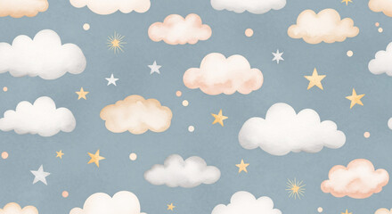 Seamless watercolor sky pattern with soft clouds, pastel stars and celestial dots &ndash; dreamy night background for nursery, baby shower, fabric and children&rsquo;s room decoration
