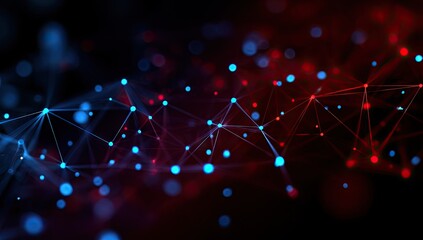 Abstract network of interconnected points and lines in red and blue