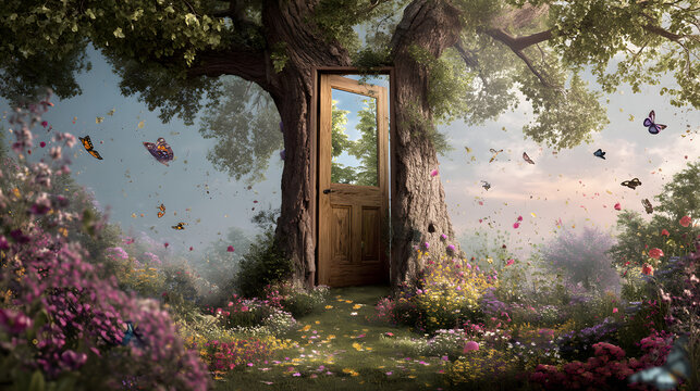 Door to a Blooming Garden: A whimsical scene unfolds as a wooden door, nestled within a majestic tree, opens into a vibrant garden, alive with fluttering butterflies and lush greenery.
