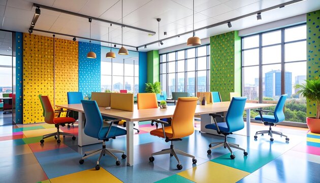 Colorful open-plan office space with vibrant accents.