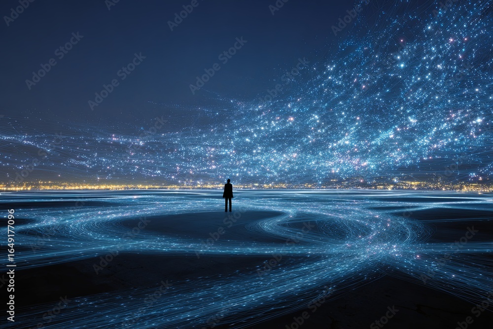 Poster person stands in space observing connections between stars and data points in a digital universe at 