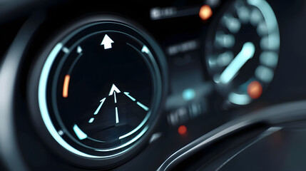 Navigating the Journey: A detailed close-up of a car dashboard with illuminated gauges, depicting modern vehicle technology and directional indicators.