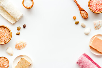 Set of body care cosmetics products with essential oil scrubs and sea salt, top view. Aromatherapy spa products